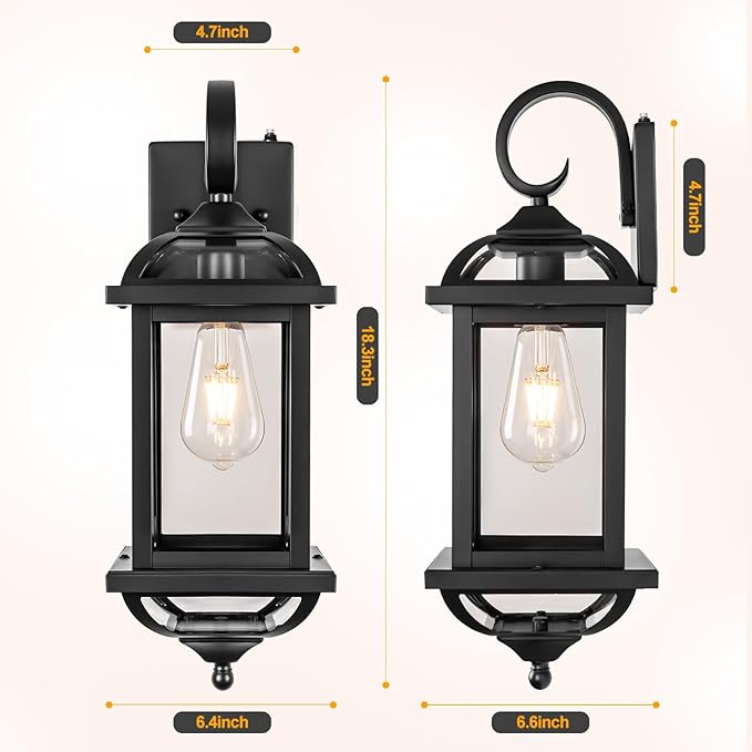 18” Dusk to Dawn Outdoor Lights for House 2-Pack, Anti-Rust Aluminum Exterior Light Fixtures with Fully Enclosed Bottom Outside Wall Lanterns IP65 Waterproof Porch Lights, Modern Black
