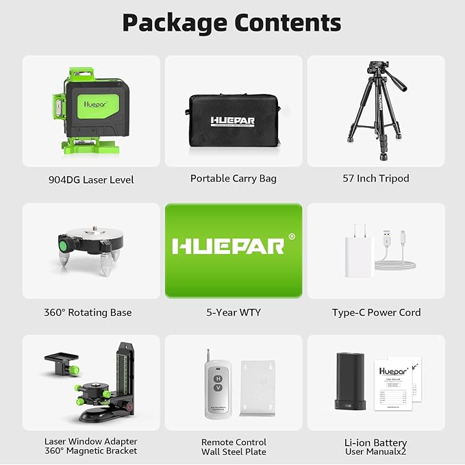 Huepar Laser Level 4x360 Self Leveling with 60" Tall Tripod, 4D Green Cross Line Lazer Leveler Tool with Outdoor Pulse Mode, 16 Lines Great for Tiling, Ceiling, Wall Work & DIY Home Renovation