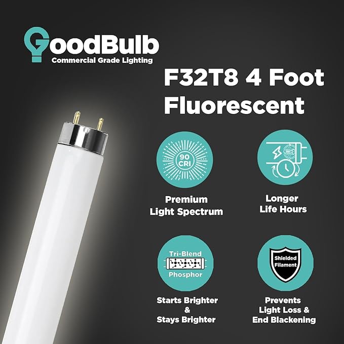 GoodBulb 25 Pack F32T8/841/ECO 32W 48 Inch T8 Fluorescent Light Bulb 4100K Cool White Light Color, Medium Bi-Pin Base 3050 Lumens 86 CRI 24000 Life Hours Instant/Programmed Start