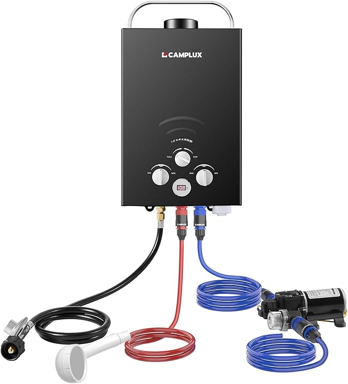 CAMPLUX Portable Water Heater,1.58 GPM Propane Water Heater Outdoor,41,000 BTU Camping Water Heater with 1.6 GPM Water Pump Pack，BW158GP60, Black
