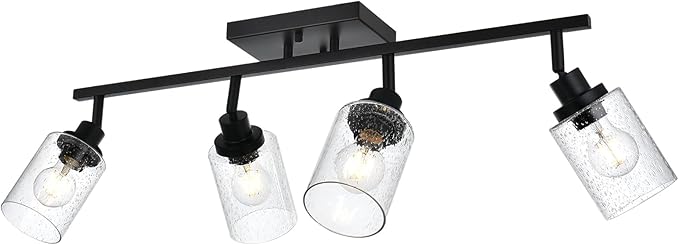 4-Light Track Lighting Kit Bathroom Wall Light Fixtures, Black Directional Ceiling Light for Kitchen Dining Room Bedroom Office, Seeded Glass Shades