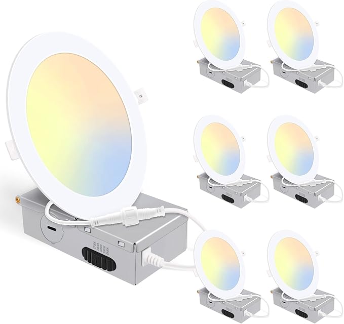6 Pack 5CCT Ultra-Thin LED Recessed Lighting 6 Inch, Downlight with Junction Box, 2700K/3000K/4000K/5000K/6500K Selectable, 12W 110W Eqv, Dimmable Wafer Lights, 1050LM Canless LED Recessed Light, ETL