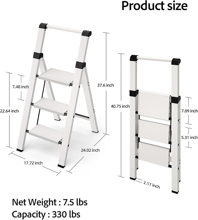 Taranta 3 Step Ladder, Lightweight Aluminum Step Stool with Convenient Handgrip, Folding Ladder with Anti-Slip Pedals, 330lbs Capacity Stepladder for Home, Office, Kitchen - White