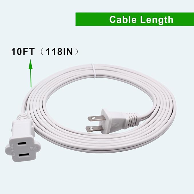 2 Prong Extension Cord, 10Pack Power Cord Extension 10 ft- Ultra Flexible & Lightweight, Safe for Home, Office, Dorm Use White Extension Cord