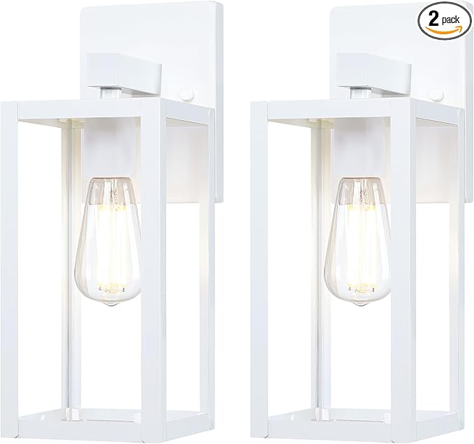 GRUENLICH Waterproof Large Outdoor Wall Lanterns, Modern White Porch Sconces with Clear Glass Shade, E26 Socket Max 60W, IP65 Rated, Metal Frame, for Patio, Front Door, Entryway, 2-Pack