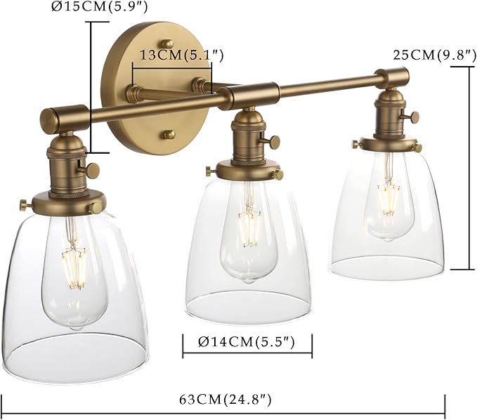 Phansthy 3-Light Wall Sconces Antique Brass Vanity Light, Industrial Wall Lamps with On Off Switch and Clear Glass Lampshade, Vintage Wall Lighting for Bathroom Living Room (Antique, Bell Shade)