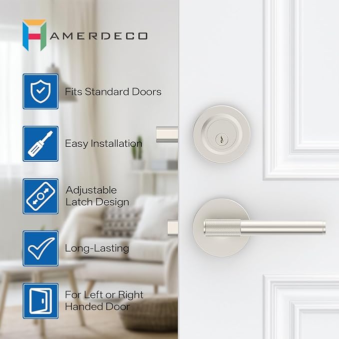 Amerdeco Front Door Lock Set with Double Cylinder Deadbolt, Exterior Entry Door Lever, Heavy Duty Entry Door Locksets for Left or Right Hand Exterior Door（Satin Nickel 1 Pack）