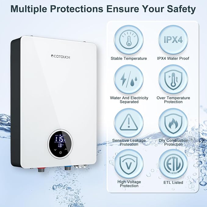 Tankless Water Heater Electric, ECOTOUCH 14kW 240V on Demand Electric Water Heater Instant Hot Water Heaters Under Sink Point of Use with Self-Modulating ECO140S White ETL Certificated
