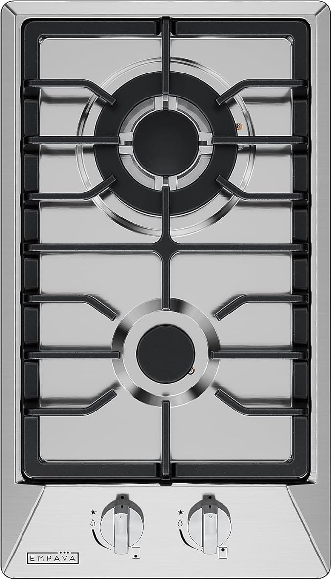 Empava 12 Inch Built-In Gas Cooktop with 2 Sealed SABAF Burners, Stainless Steel Surface Dishwasher Safe Cast Iron Grates, NG/LPG Convertible