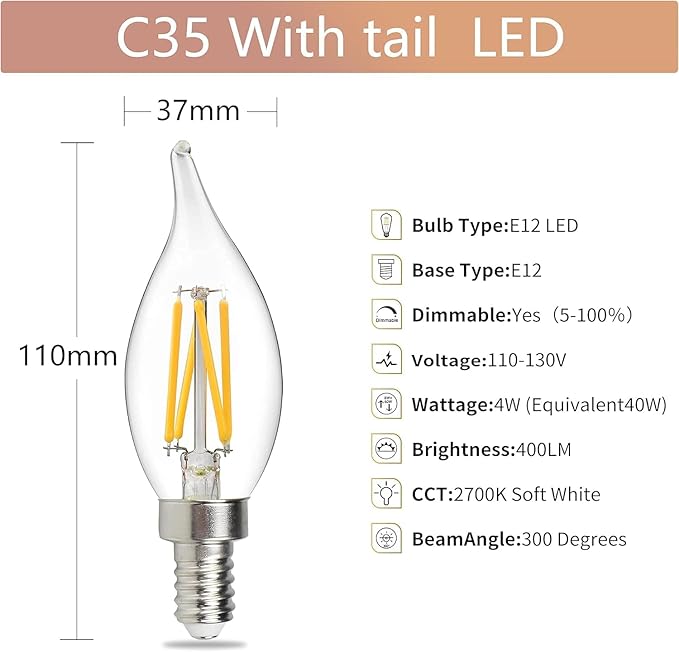 12 Pack E12 Led Light Bulbs 40 Watt Equivalent 4W, CA10 2700K Warm White 400LM Dimmable Chandelier Bulbs, High Brightness Candelabra Bulbs, CA11 Clear Flame Tip Light Bulbs for Chandelier