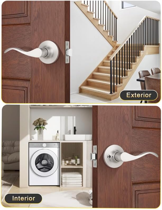 Mengico 8 Pack Satin Nickel Modern Interior Passage Door Knobs, Keyless Door Handle for Hallway & Closet, Wave Style Non-Locking Door Lever Reversible for Left & Right Handed