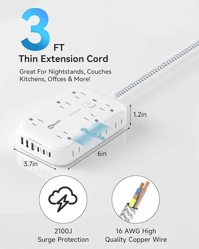 Flat Multi Plug Extender with 6 USB Wall Charger(3 USB C), 12 AC Outlets Wall Adapter, 3 ft Thin Extension Cord, Flat Plug Surge Protector Power Strip (2100J) for Home, Office, College Dorm. White