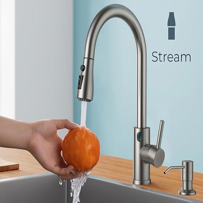 Touch-Less Kitchen Faucet, 3 Modes Pull Down Sprayer,LED Temperature Control,Sensor Activated,Ceramic Valve, 360-Degree Rotation,1 or 3 Hole Deck Plate.10-Year Warranty. (KW-78SN,Brushed Nickel)