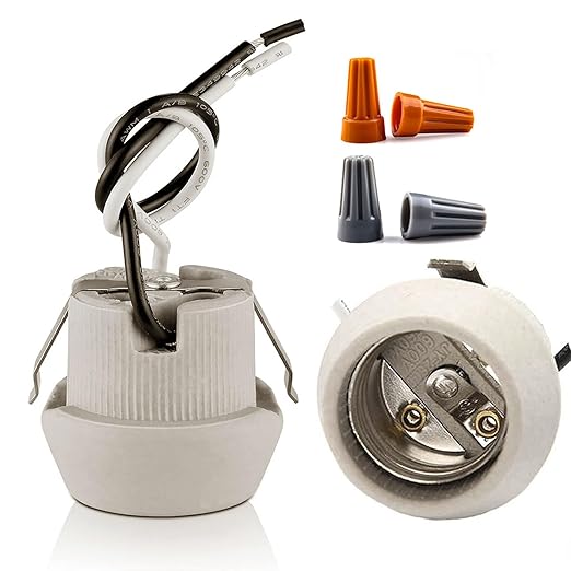 E26 U Clip Porcelain Socket,Medium Base Snap-in Keyless Ceramic Lamp Holder with 6" Black White Dual Wires, 660W 600V for Fixture Lighting (2-Pack)