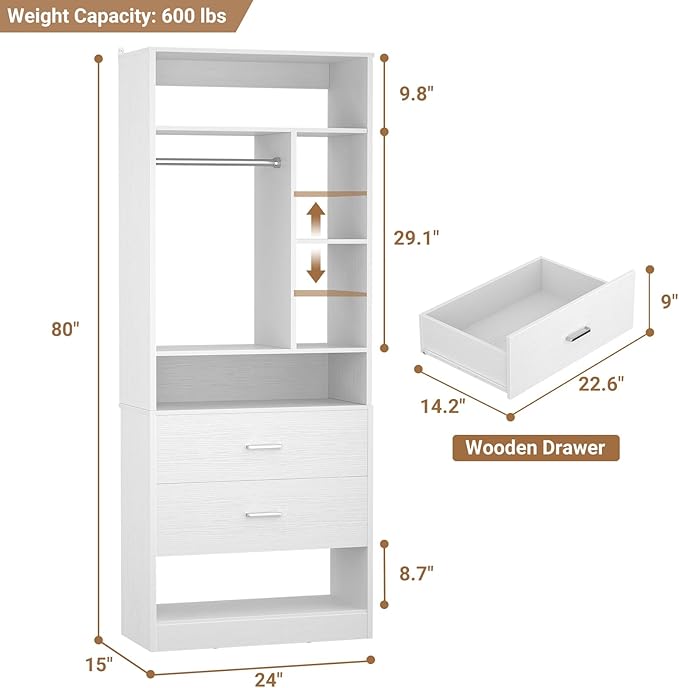 24 Inches Closet System with 2 Wood Drawers, 2FT Small Closet Organizer System with 6 Shelves, Walk-in Closet Systems for Small Closets, Built-In Garment Rack, White (24"L x 15"W x 80"H)