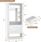 24 Inches Closet System with 2 Wood Drawers, 2FT Small Closet Organizer System with 6 Shelves, Walk-in Closet Systems for Small Closets, Built-In Garment Rack, White (24"L x 15"W x 80"H)