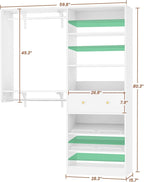 Closet System with Drawer - Reversible 5FT Wood Closet Organizer System with 2 Hanging Rods and Adjustable Shelf, Walk In Closet Organizers with Shoe Rack, Built-In Garment Rack Clothes Rack, White