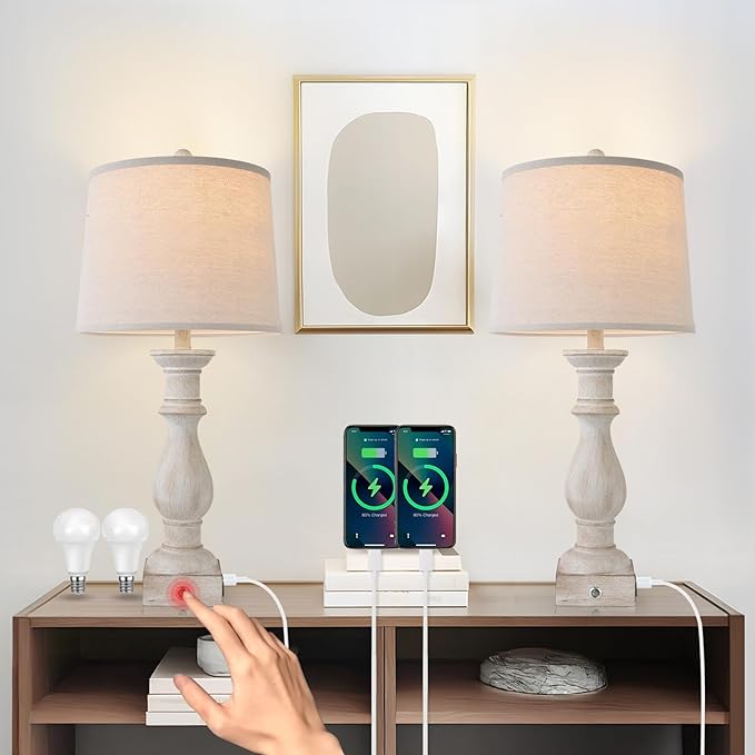 Table Lamps Set of 2 Vintage Night Stand Light Touch Dimmable Desk Lamp Farmhouse Resin Lamp,Bedside Lamps with USB Ports and Outlets Lamps,for Bedroom,Living Room,Office,Dining Room,End Table,Reading