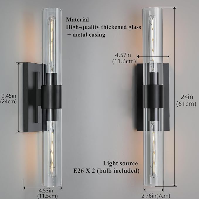 2-Light Matte Black Bathroom Light Fixtures with Glass Shades,Modern Wall Sconce for Bedroom Bath Mirror Lights.