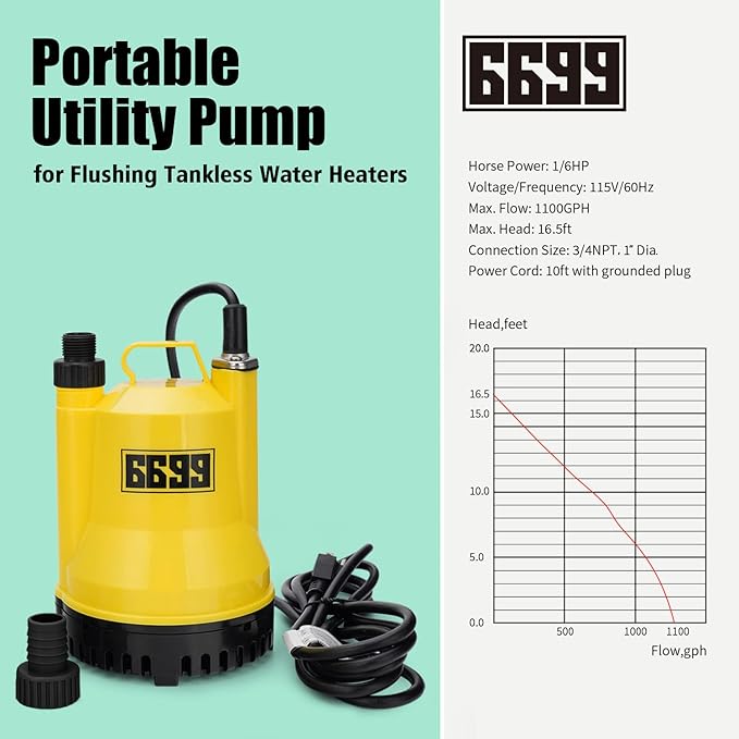 Tankless Water Heater Descaling Flush Kit Includes Submersible Utility Pump with Adapters 3 Gallons Pail with Bucket Lid Opener and Two 3/4" GHT X 6FT PVC Black Hoses Easy Installation to Clean