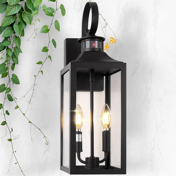 20" Black Motion Sensor Outdoor Light, Large Dusk to Dawn Outside Lighting Fixture, Exterior Farmhouse Wall Mount Porch Lantern, Waterproof Sconce Lamp for Outside Patio, 3 Modes/2-Light/1-Pack