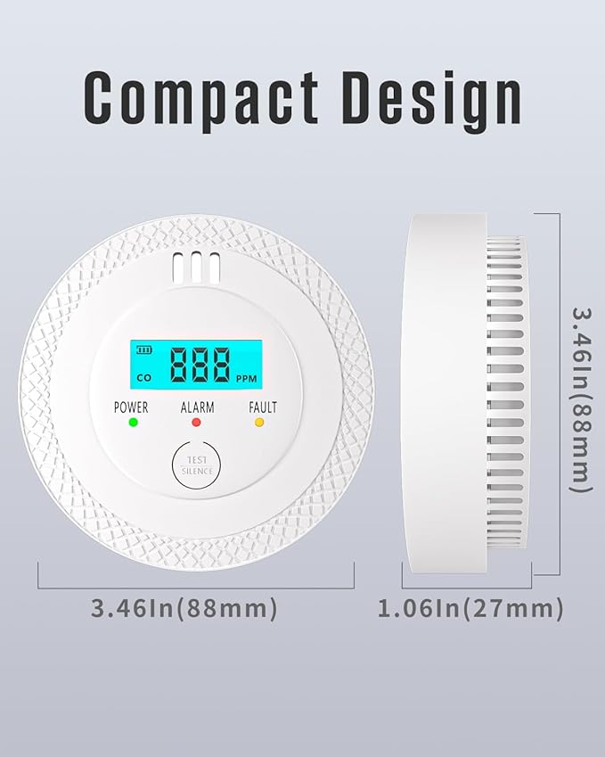3 Pack Carbon Monoxide Detectors,PG-C06 Portable Carbon Monoxide Detector,LCD Display Smoke Alarm,Carbon Monoxide Detectors Portable for Home,Restaurant,Hotel,Office (White)