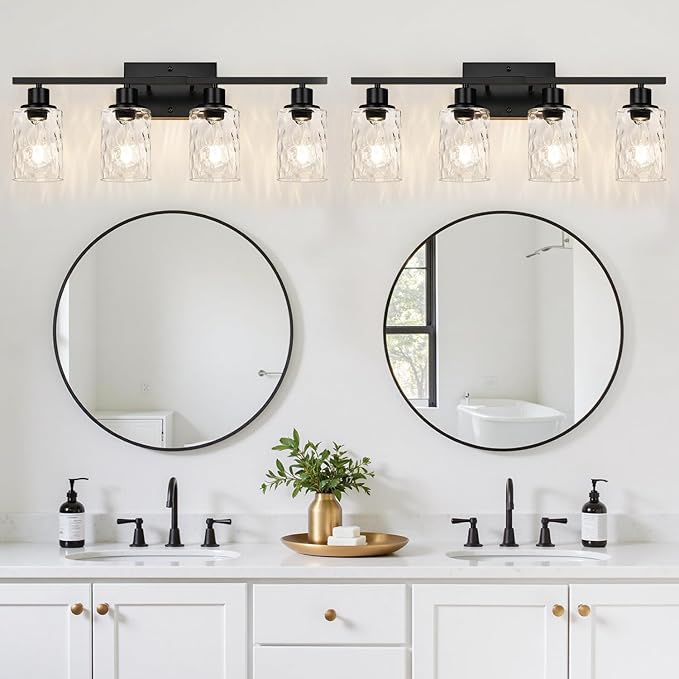 4-Light Bathroom Light Fixtures, Matte Black Vanity Light with Crystal Glass Shades for Mirror, Living Room, Bedroom, or Porch