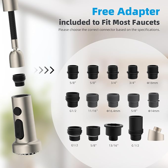 Hibbent Stainless Steels Pull Down Kitchen Faucet Head Replacement, 3 Function Sink Faucet Sprayer Head with 15 Adapters, Compatible with Moen, American Standard, Delta, Kohler Faucets, Brushed Nickel