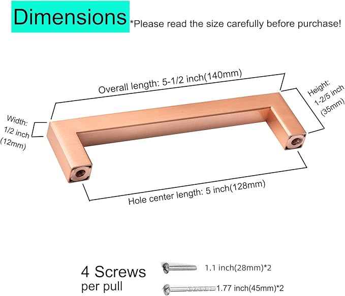 20 Pack Kitchen Cabinet Handles 5 Inch Rose Gold Square Cabinet Pulls Stainless Steel Drawer Handles Dresser Pulls Modern Cabinet Handles Hardware Hole Center 128mm