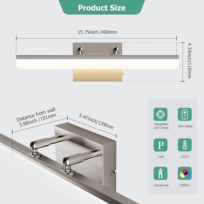 Brushed Nickel Vanity Light, 15.7” Dimmable LED Bathroom Light Bar with 5CCT, Adjustable Angle – Modern Wall Lighting for Bathroom, Powder Room, Bedroom, Apartment, Hotel