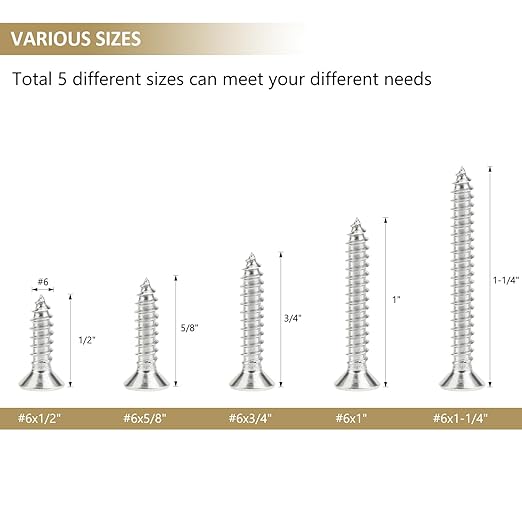 162 Pieces #6 x 1/2" 5/8" 3/4" 1" 1-1/4" Phillips Countersunk Head Self-Tapping Screws, Wood Screws Assortment Kit, 304 Stainless Steel