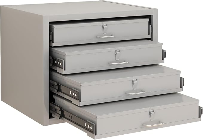 Steel Compartment Box Slide Rack, 4 Divider Scoop Boxes, Cold-Rolled Steel, 20" L x 15.75" W x 15" H, Carry-on Tool Box, Gray — Small Parts Organizer for MRO, Shop & Garage