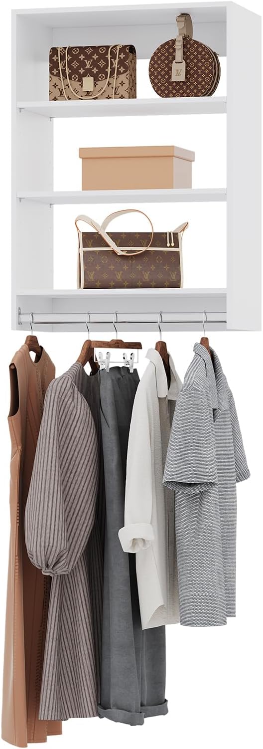 ROOMTEC 28.5" Medium Hanging Closet Unit, Modular Closet System with Hanging Rod, Wardrobe Organizer for Bedroom or Walk-in Closet, Wall Mounted, Customizable Clothes Storage Unit, White