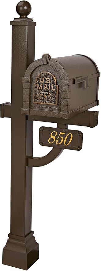 Gaines - Keystone Deluxe Post and Mailbox Package with Personalized Address Plaque and Decorative Cuff (Bronze with Antique Bronze Eagle)