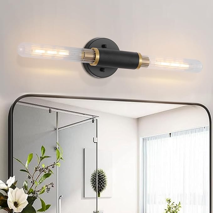 Modern Wall Sconces 24" Knurled Texture Cylinder Bathroom Vanity Lights Fixtures with Clear Striped Glass Shade 2-Lights Brushed Brass Gold Black Indoor Wall Lighting for Bedroom Hallway