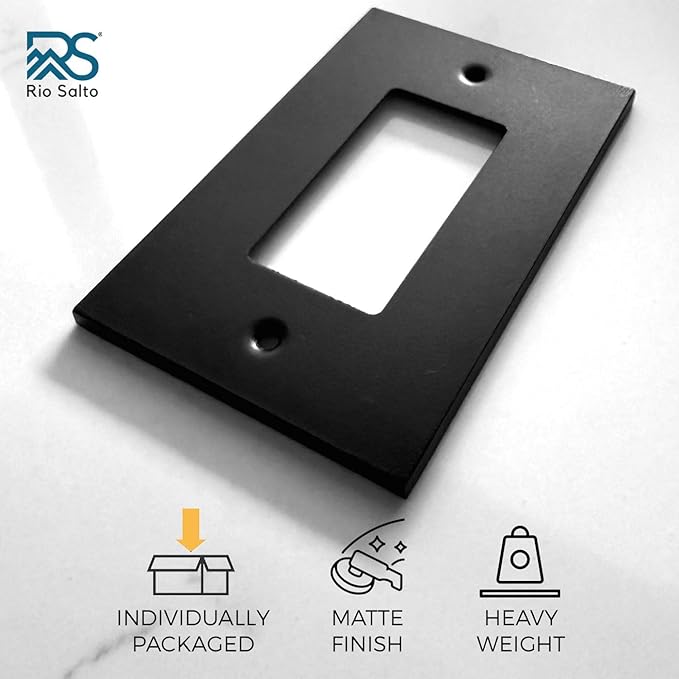 RIO SALTO Modern Metal Matte Black Wall Outlet Cover Light Switch Cover Rocker Decora Electrical Switch Covers Decorator Plug Wall Plate Electric Outlet Covers Black Receptacle - Midsize 1 Gang 5-Pack
