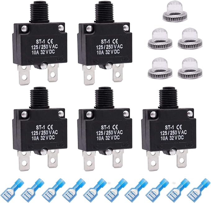 mxuteuk 5Pcs 10Amp Circuit Breakers Push Button Manual Reset 125/250V AC 32V DC,Overload Protector Switch Thermal Circuit Breakers with Quick Connect Terminals and Waterproof Button Caps ST1-5-10A