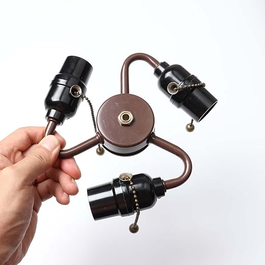 Bieye SC02 E26 Light Socket Cluster with Pull Chain Switch and Electrical Wiring Accessories (3-Light, Brown)