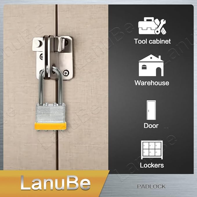 LanuBe Lock Laminated keyed Padlock (1-9/16", 40mm), keyed Alike Locks, Long Shackle,Marked Yellow Plastic Hoop, Pack of 2