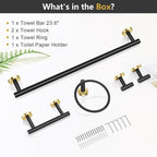 TQKAG Black and Gold 5 Piece Bathroom Hardware Accessories Set 23.6" SUS304 Stainless Steel Bathroom Towel Bar Holder Sets Double Post Pivoting Toilet Paper Holder Set Wall Mounted