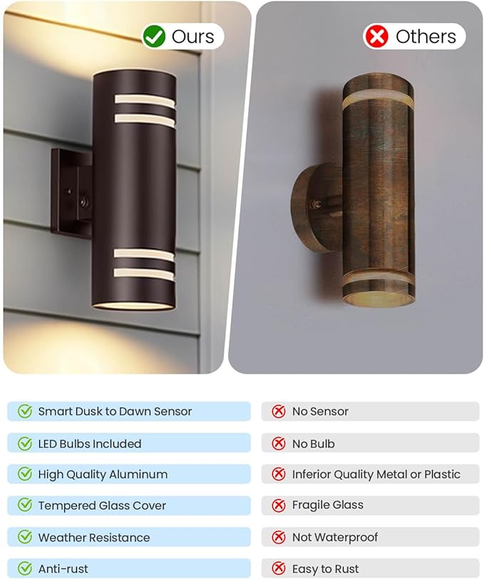 KIZON Dusk to Dawn Outdoor Wall Lights 2 Pack, Modern Exterior Lighting Fixtures with Oil Rubbed Bronze Finish, Up and Down Lights Outdoor with Bulbs, Modern Sconce Lights for House Porch, ETL Listed