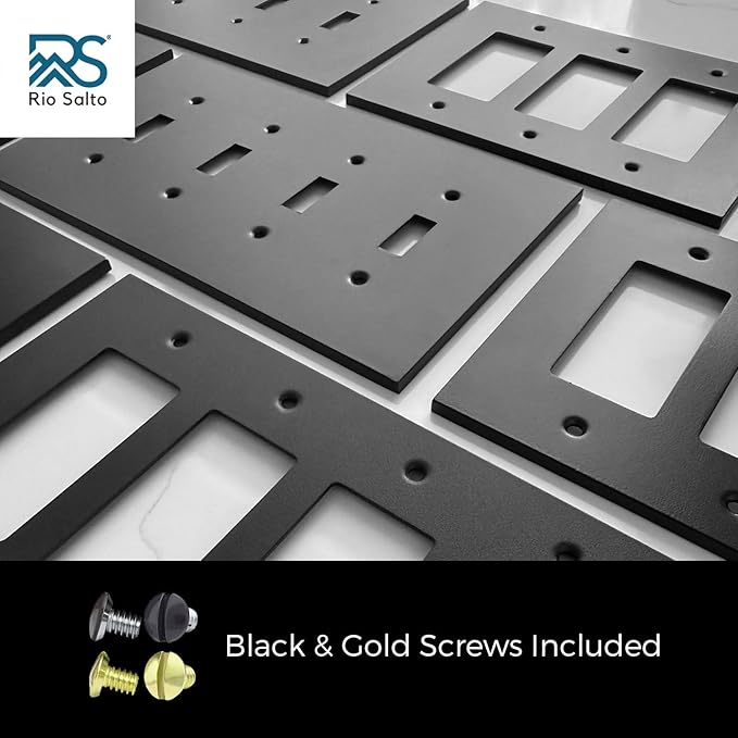RIO SALTO Modern Metal Matte Black Double Decorator Wall Outlet Cover Light Switch Double Rocker Decora Electrical Decorator Wall Plate Electric Outlet Covers MIDSIZE Receptacle - (2 Gang, 2-Pack)