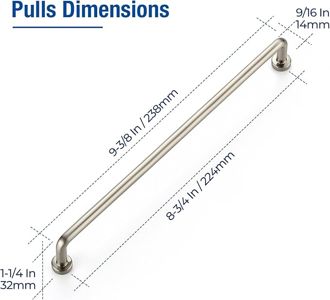 JOY DECOR Cabinet Pulls – 8-3/4 Inch Hole Center, Brushed Nickel, 2 Pack, Zinc Alloy Cabinet Handles for Drawers & Cupboard – Vintage Style Hardware for Kitchen, Bathroom, Dresser, Furniture Makeover