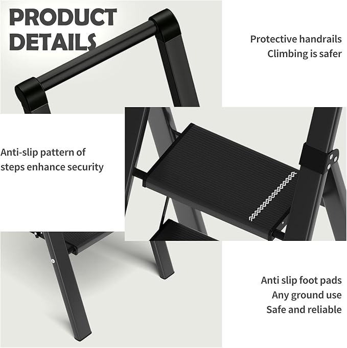 Taranta Step Ladder 3 Step Folding,Lightweight Portable Step Ladder with Anti-Split Pedal,Ladders with Convenient Handgrip,Aluminum Step Stool for Library, Home, Kitchen - Black
