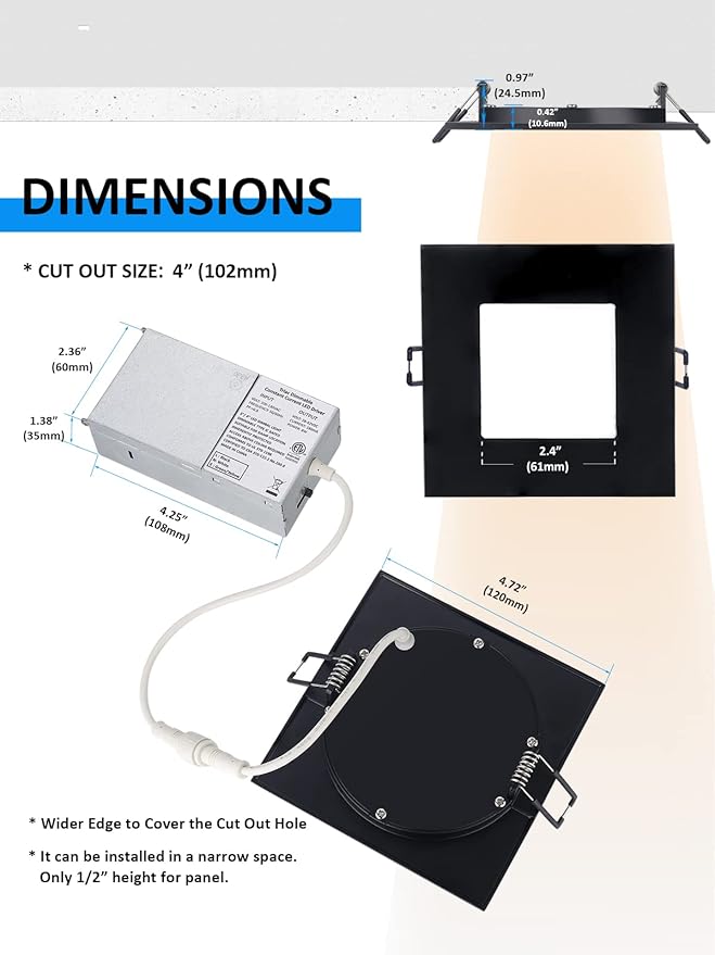 Recessed Lighting 4-inch Square-LED - Canless Recessed Light Fixture, Dimmable Ceilling Light with Junction Box, 2700|3000|3500|4000|5000K, 9W, Black, 6P