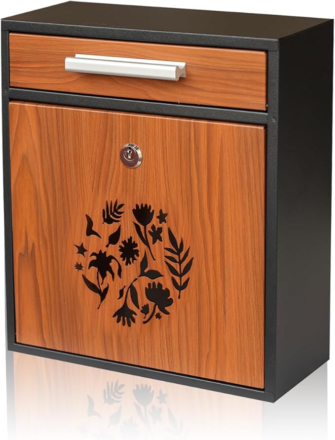 Wall Mount Mailbox, Large Capacity Mailbox for House Outside Galvanized Steel Rust-Proof Metal Post Drop Box, 12"×10.5"×4.7" Flower Hollowed Wooden Patterned Metal Sheet Black
