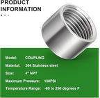 TAISHER 1PCS 304 Stainless Steel Cast Pipe Fitting, Coupling, 4" x 4" NPT Female Threaded