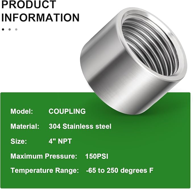 TAISHER 1PCS 304 Stainless Steel Cast Pipe Fitting, Coupling, 4" x 4" NPT Female Threaded