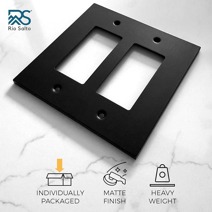 RIO SALTO Modern Metal Matte Black Double Decorator Wall Outlet Cover Light Switch Cover Double Rocker Decora Electrical Decorator Wall Plate Electric Outlet Covers Black Receptacle - Midsize 2 Gang