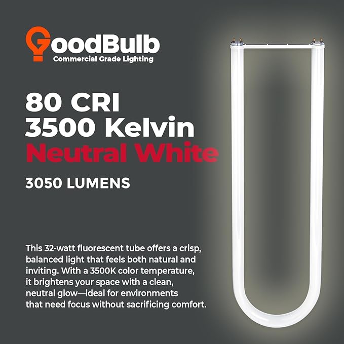 GoodBulb 32-Watt 6 Inch T8 Fluorescent U-Bend Light Bulb 3500K Soft White Light Color Medium Bi-Pin Base High Output 3050 Lumens 10000 Life Hours 80 CRI Pack of 10 Bulbs